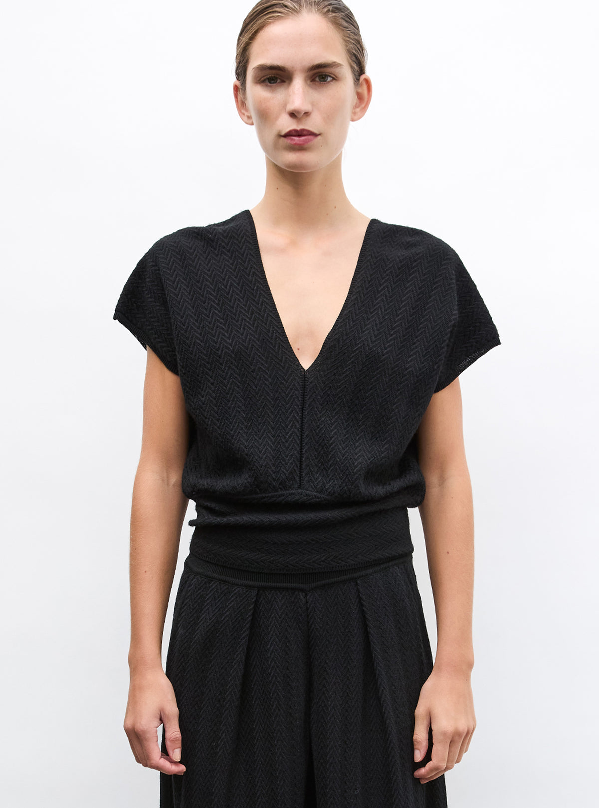Top V maille chevron molli noir profond - Vêtement en maille de luxe Molli