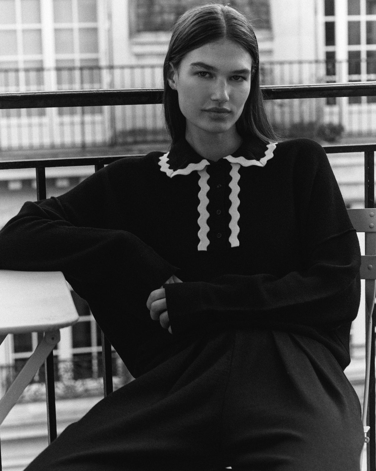 Chemise maille col croquet noir profond-naturel - Vêtement en maille de luxe Molli