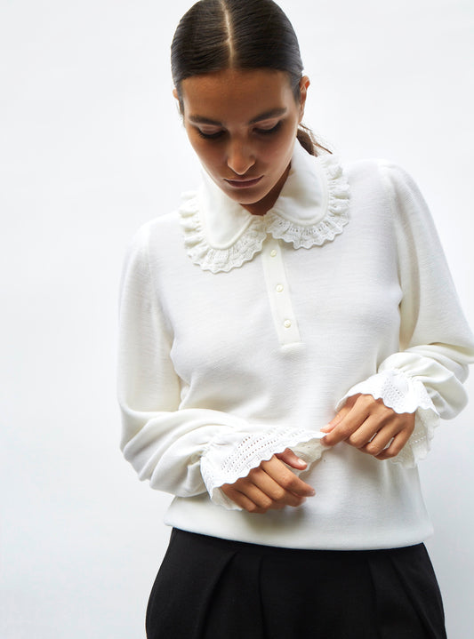 knit blouse with lace collar