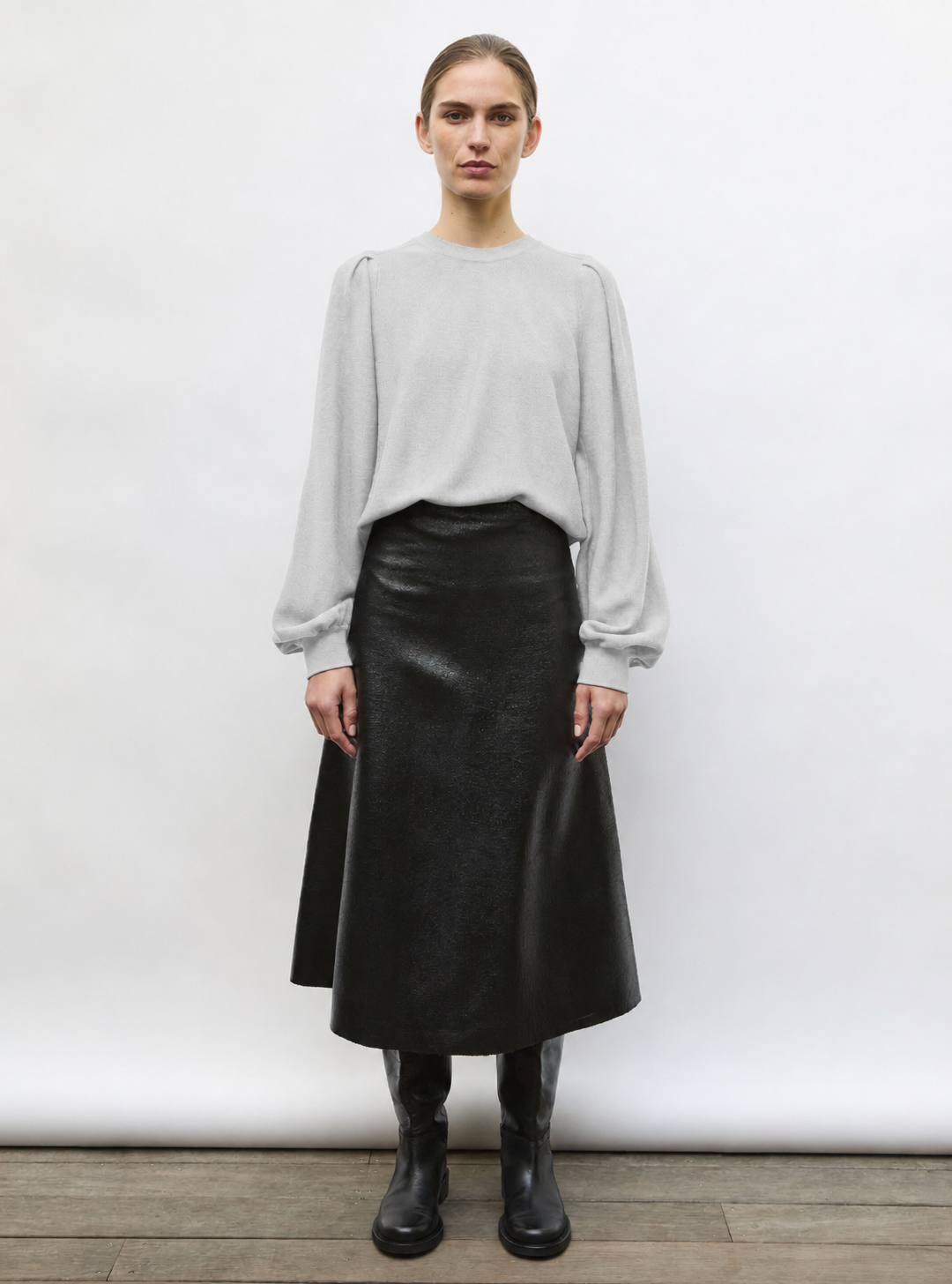 Pull fin manches froncées  gris chine clair - Vêtement en maille de luxe Molli