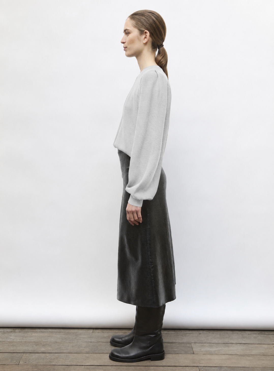 Pull fin manches froncées gris chine clair - Pull de luxe