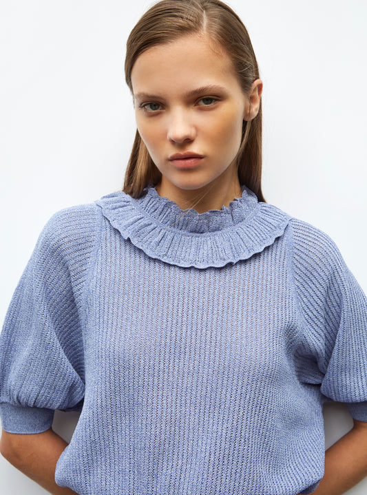 top with collar in openworked knit