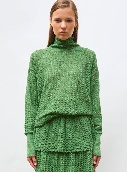 Top de luxe femme - Top maille pointelle col montant vert mouliné
