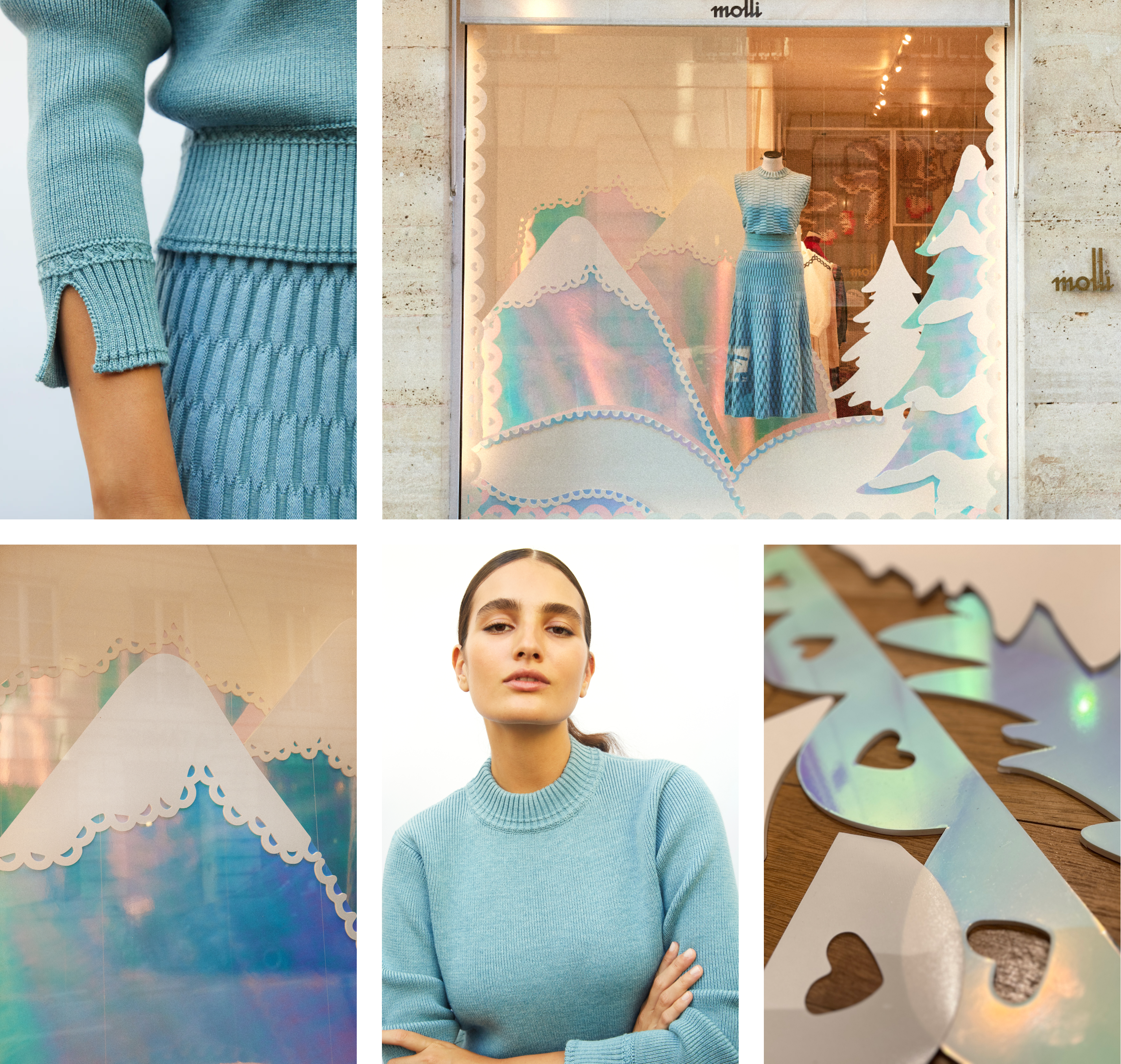 vitrine d'hiver de la boutique molli inspiré de la maille fine zellige bleu minéral