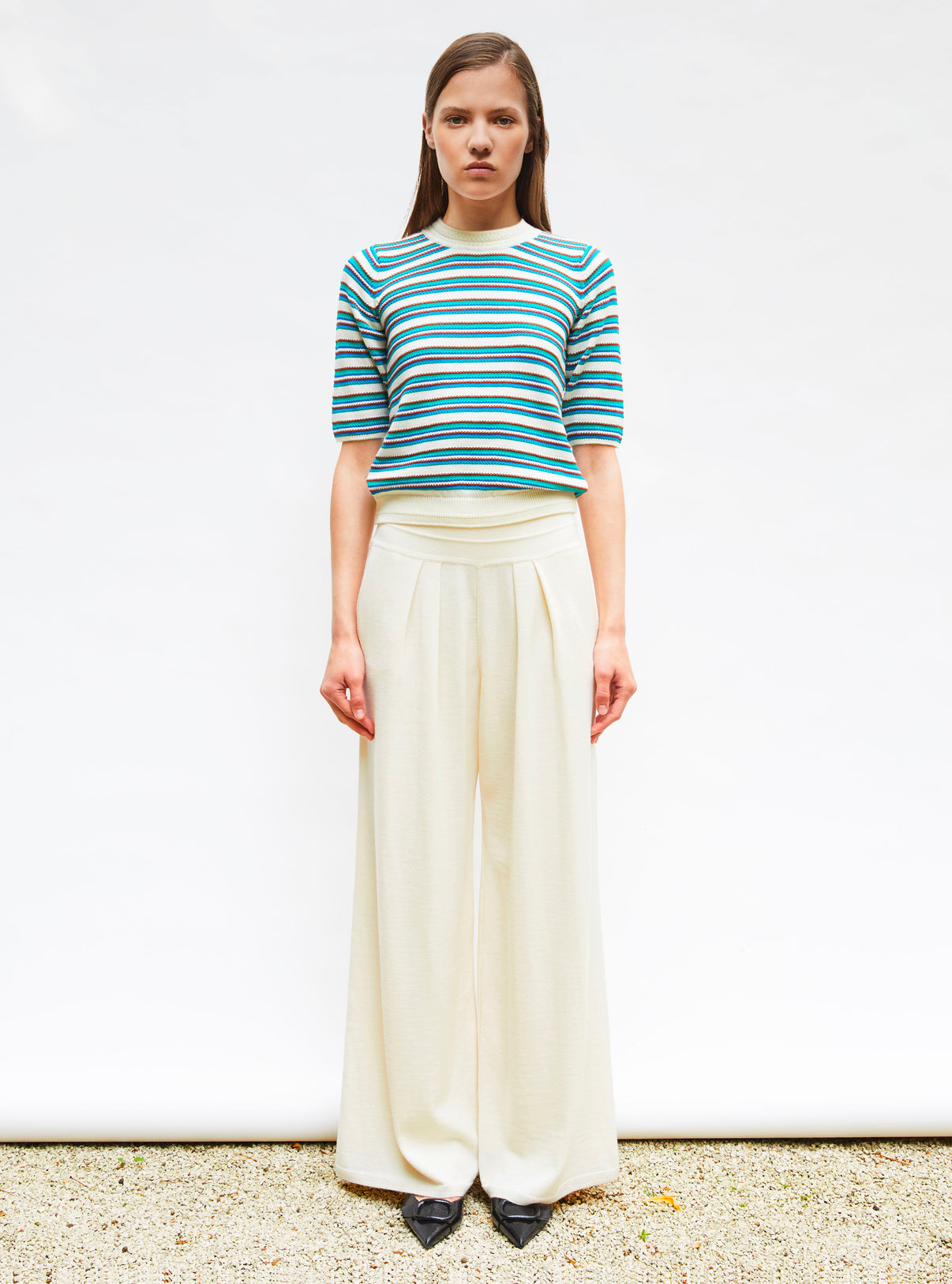 Top de luxe femme - Top fin maille rayée colorée naturel vert bleu
