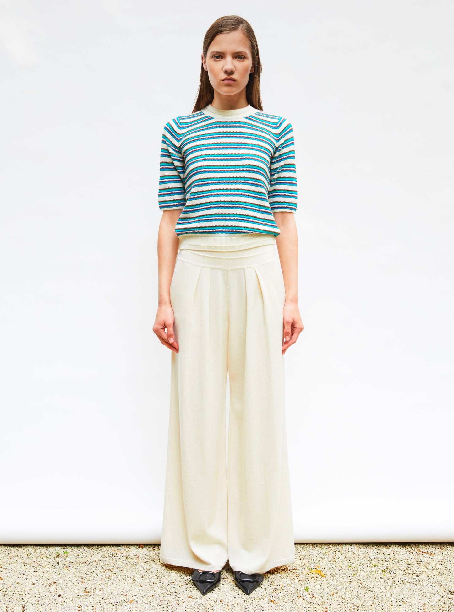 Top de luxe femme - Top fin maille rayée colorée naturel vert bleu