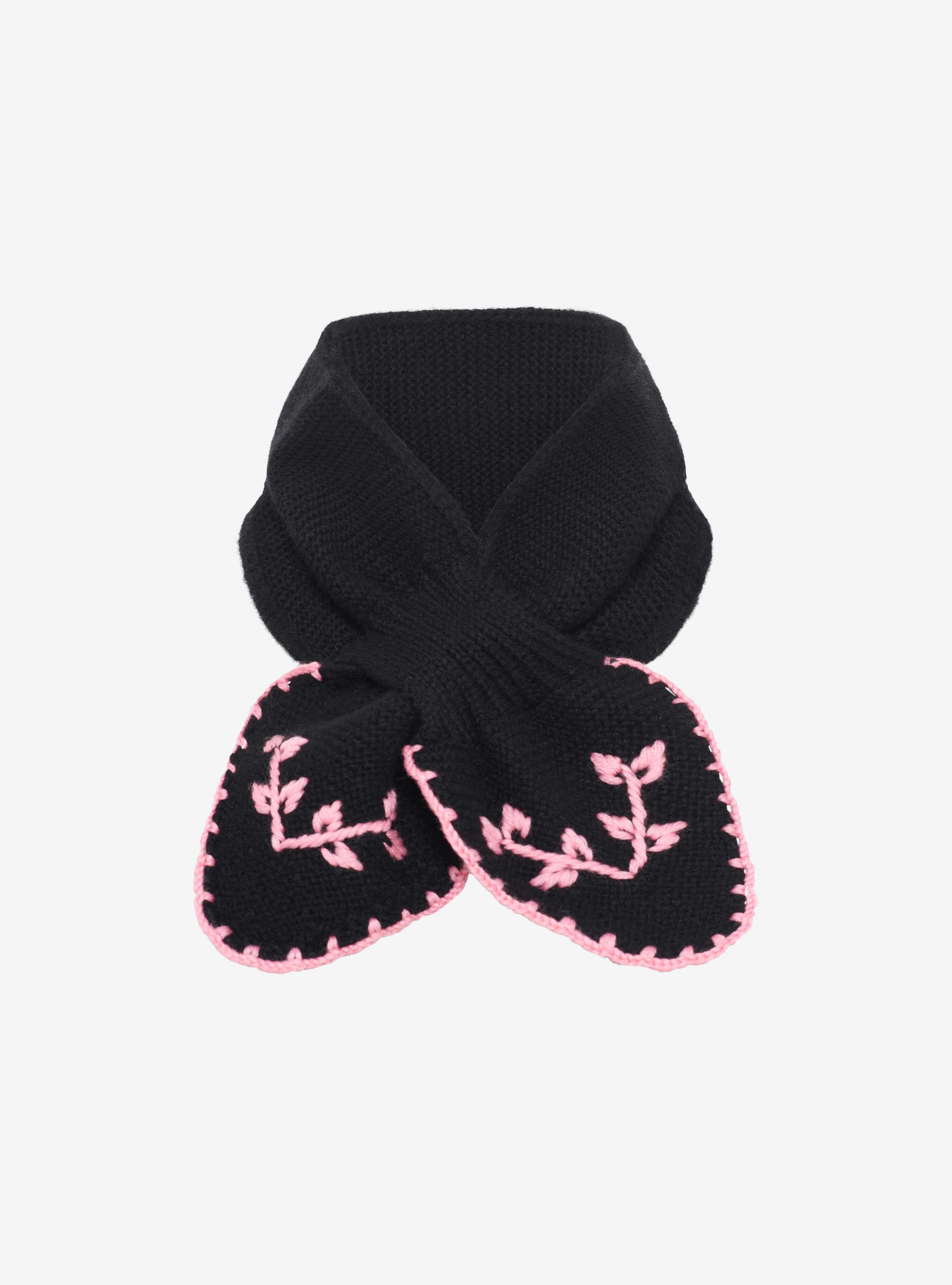 Tour de cou brodé main noir profond-rose bonbon - Vêtement de luxe femme