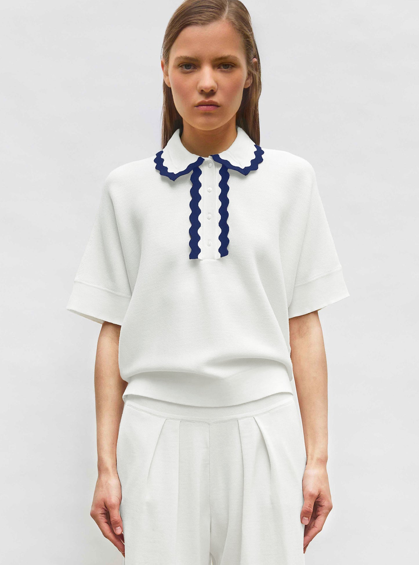 Top ample maille col croquet naturel milk-bleu faience - Vêtement en maille de luxe Molli