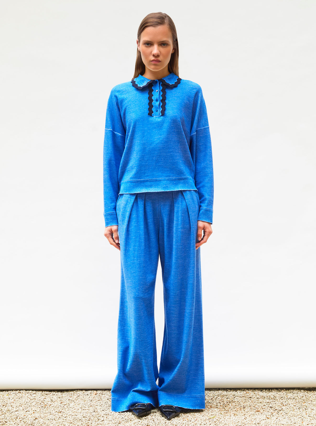 Pantalon fluide maille fine jersey royal blue denim - Vêtement en maille de luxe Molli