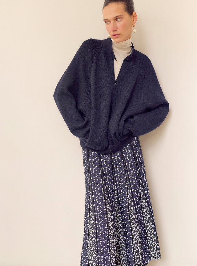 Wide zipped knit jacket high collar - Image principale