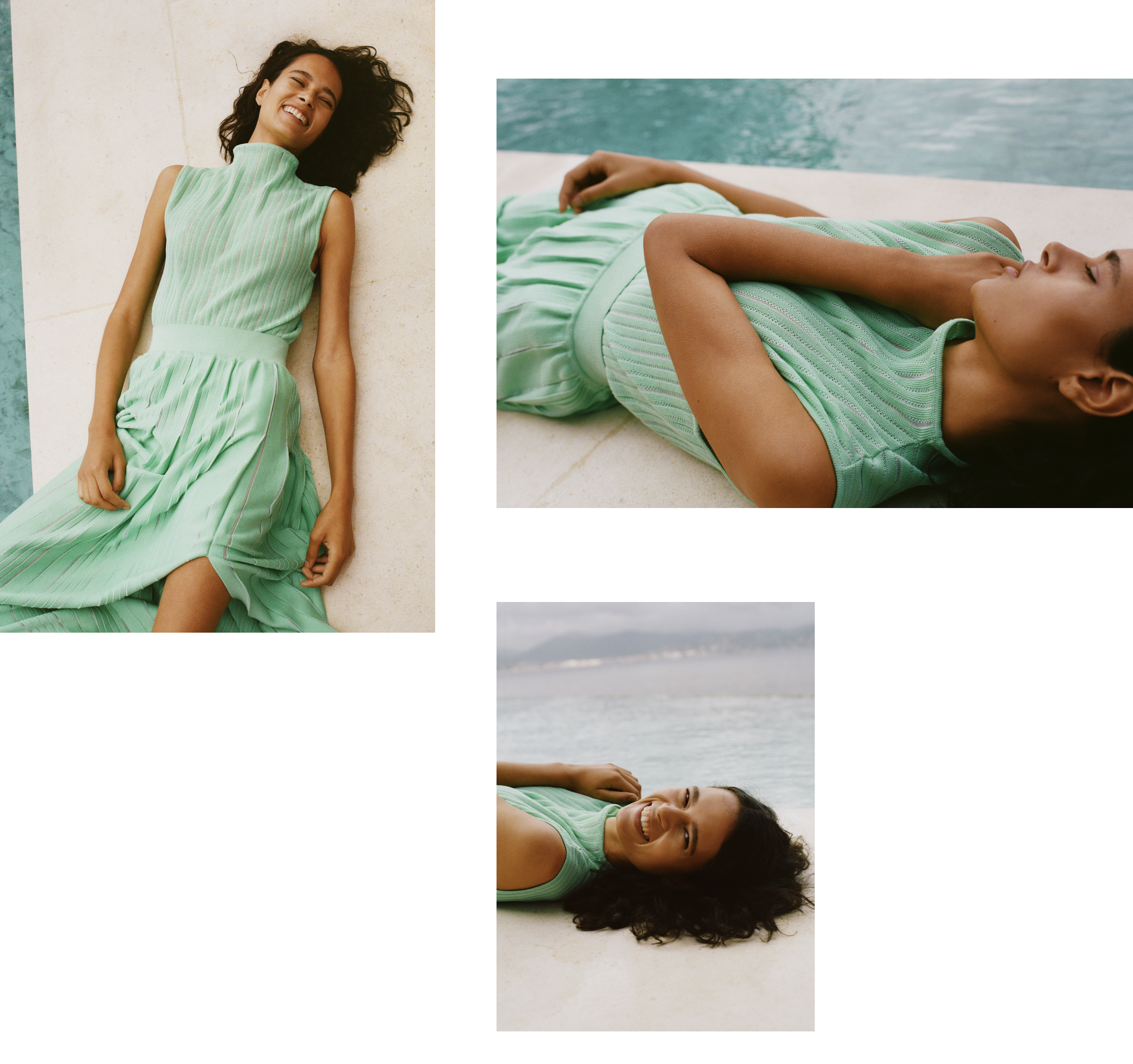 femme portant top et jupe en maille fine molli en coloris menthe à l'eau