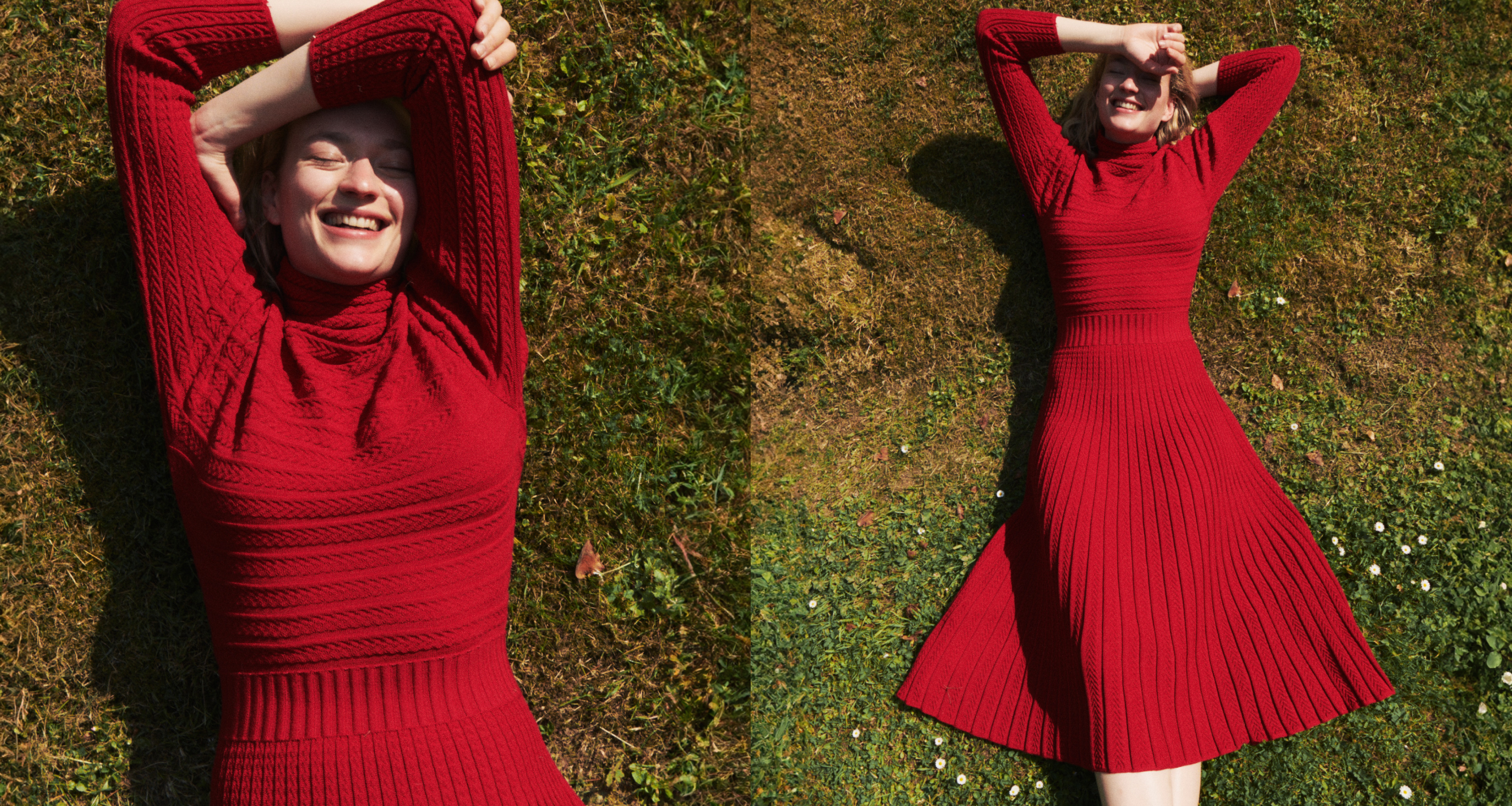 femme portant une robe longue rouge en laine fine