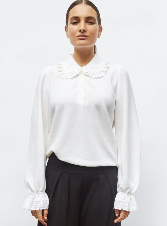 knit blouse with lace collar