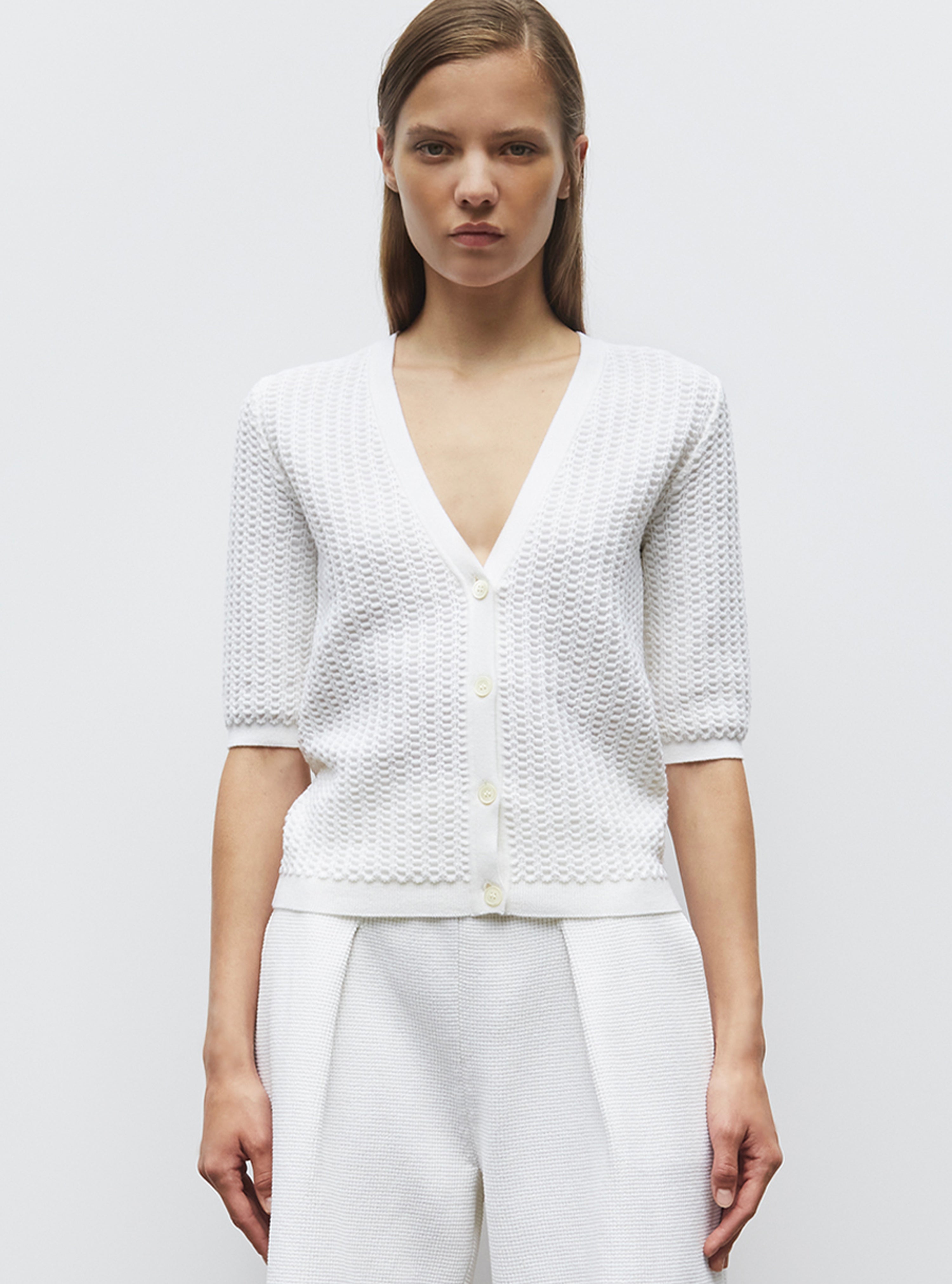 Cardigan v en maille smockée - Vêtement en maille de luxe Molli