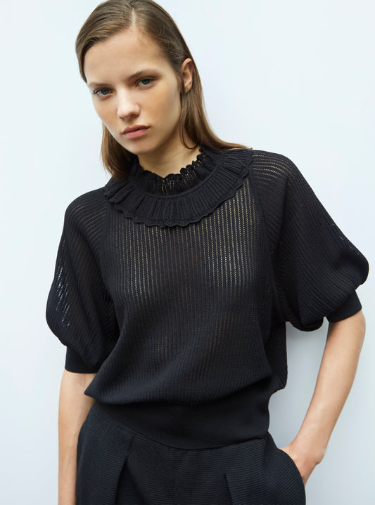 top with collar in openwork knit