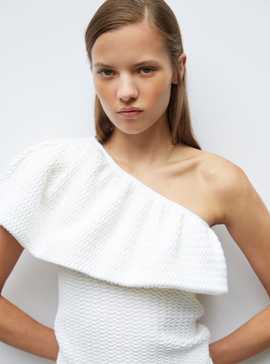 one shoulder smocked knit top