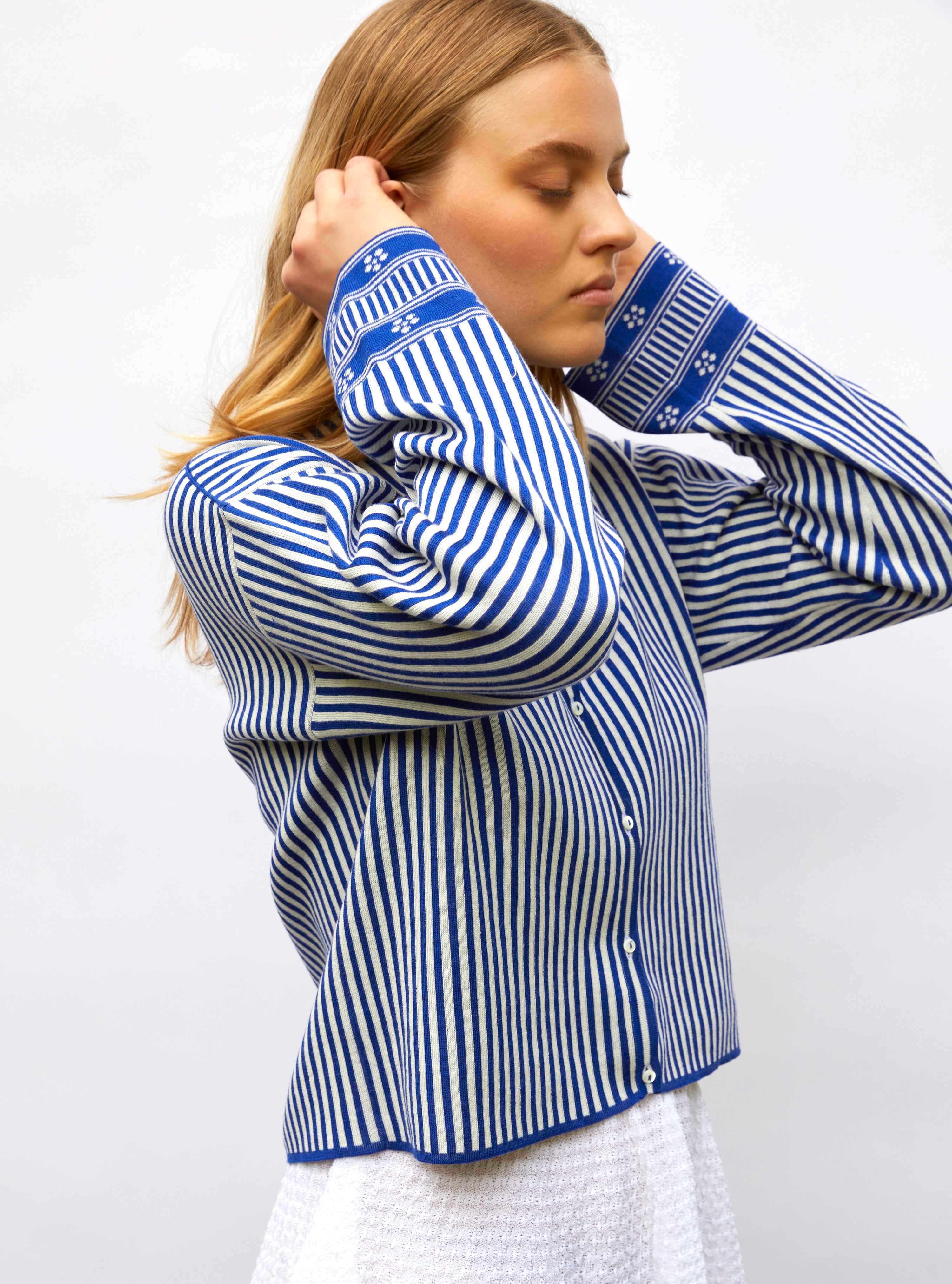 Chemise de luxe femme - Chemise maille fines rayures Majorelle-Naturel