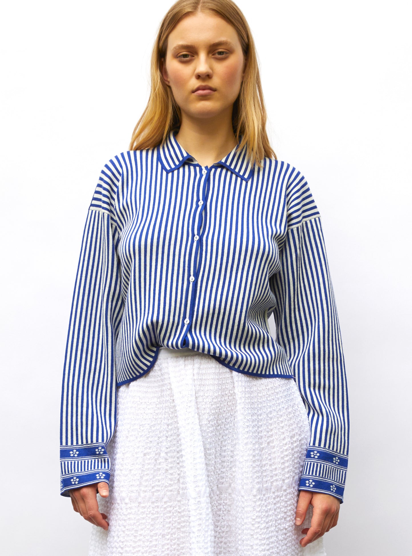 Chemise de luxe femme - Chemise maille fines rayures Majorelle-Naturel