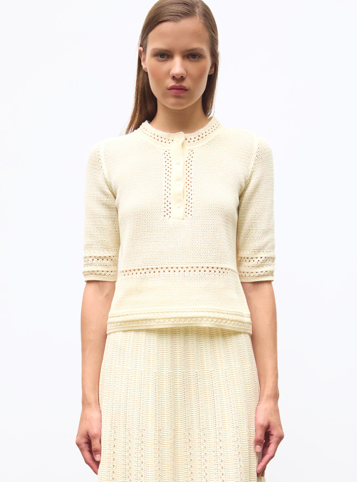 Top délicat maille crochet Naturel - Vêtement en maille de luxe Molli