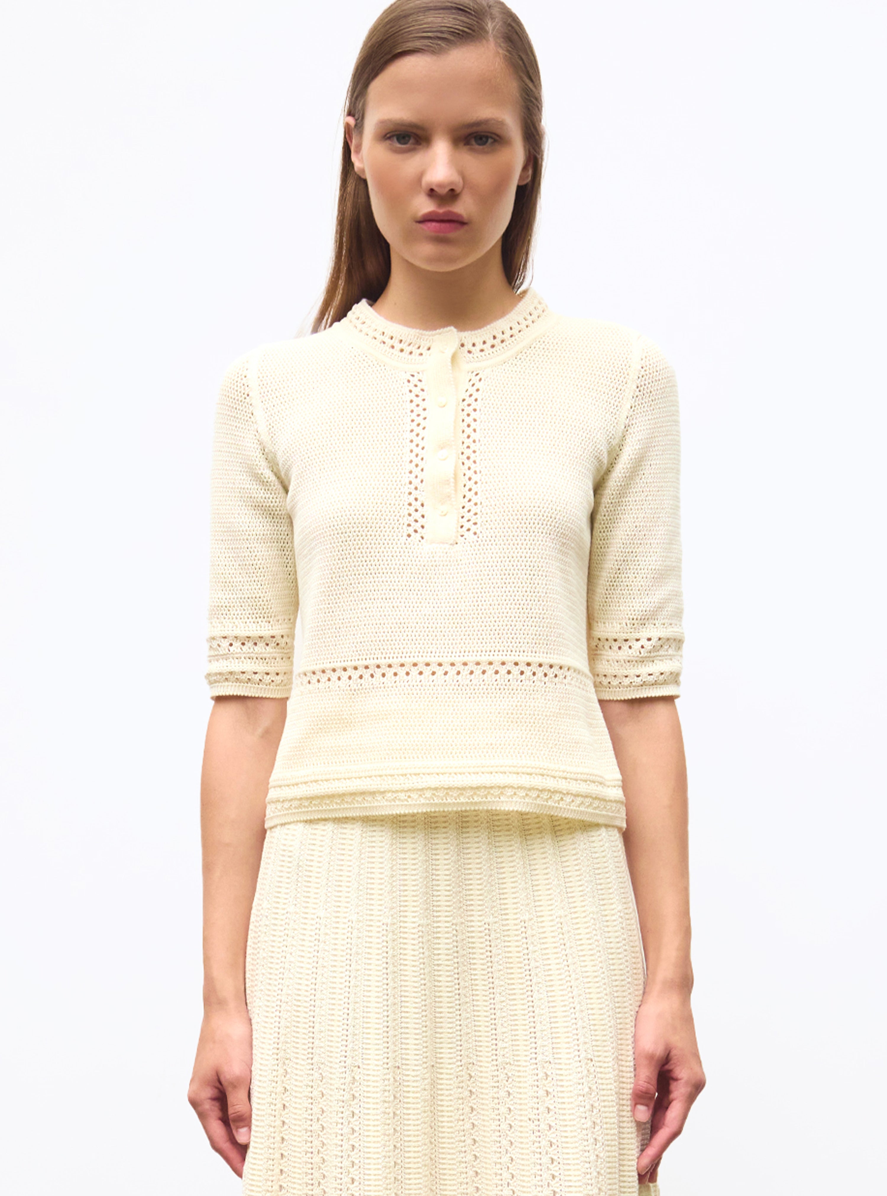 Top délicat maille crochet Naturel - Vêtement en maille de luxe Molli