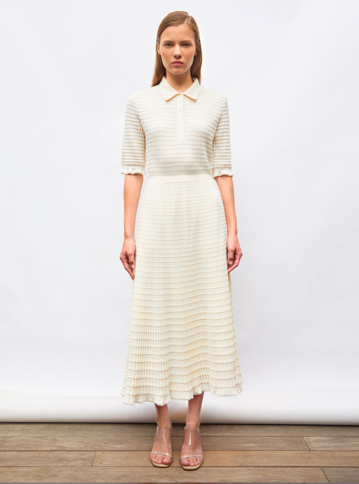 Robes de luxe femme - Robe longue en maille origami Naturel