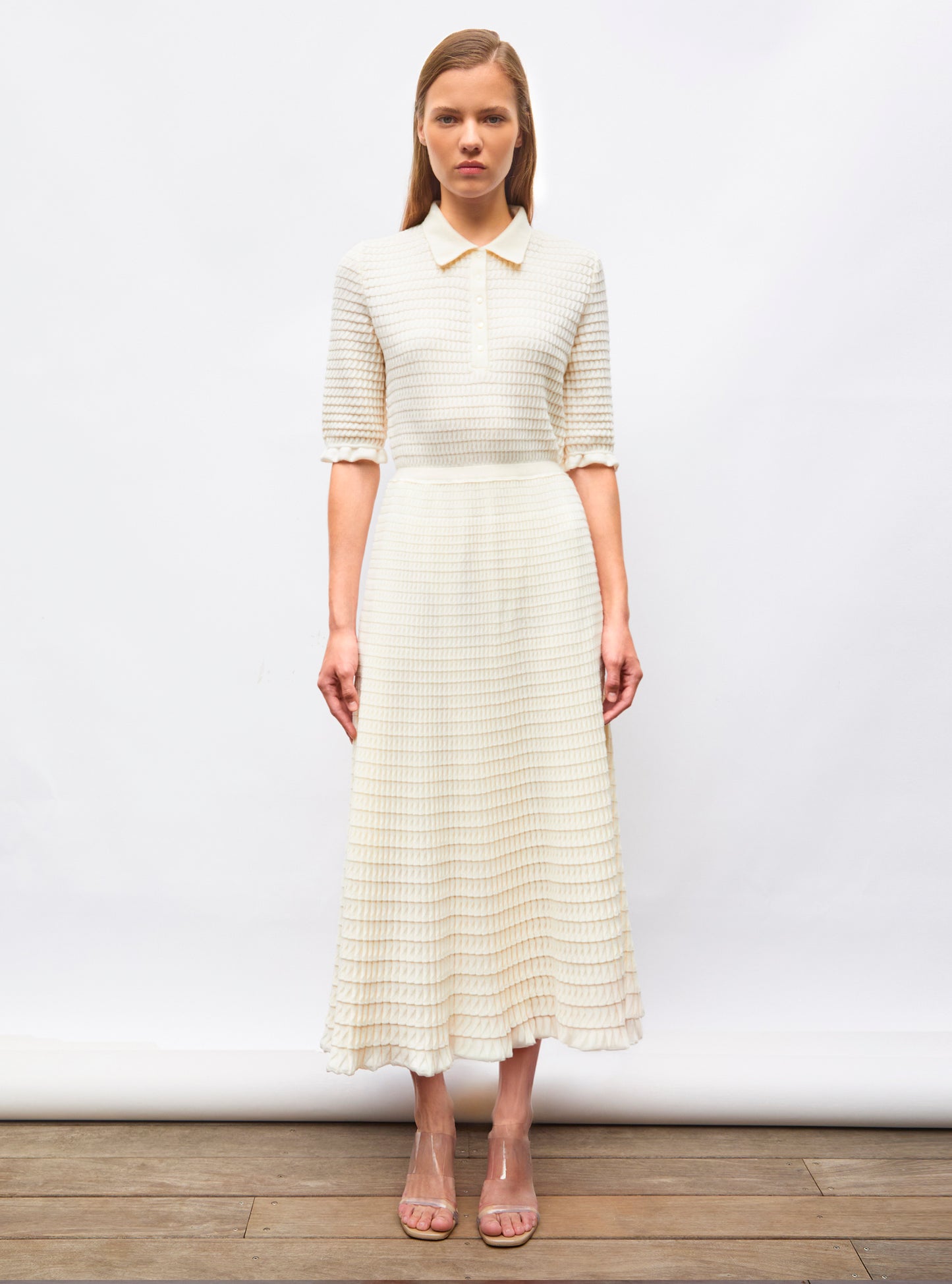 Robes de luxe femme - Robe longue en maille origami Naturel