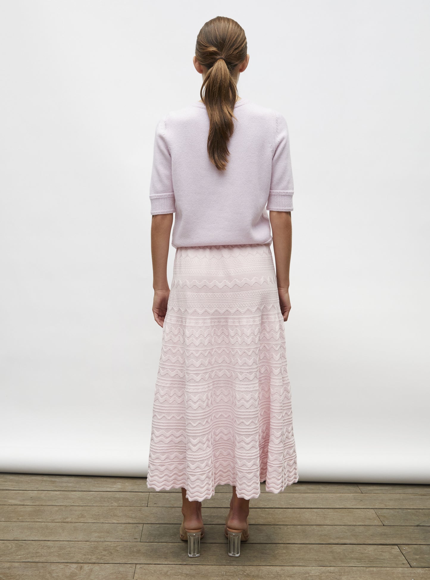 Top maille manches coudes rose doux - Vêtement de luxe femme