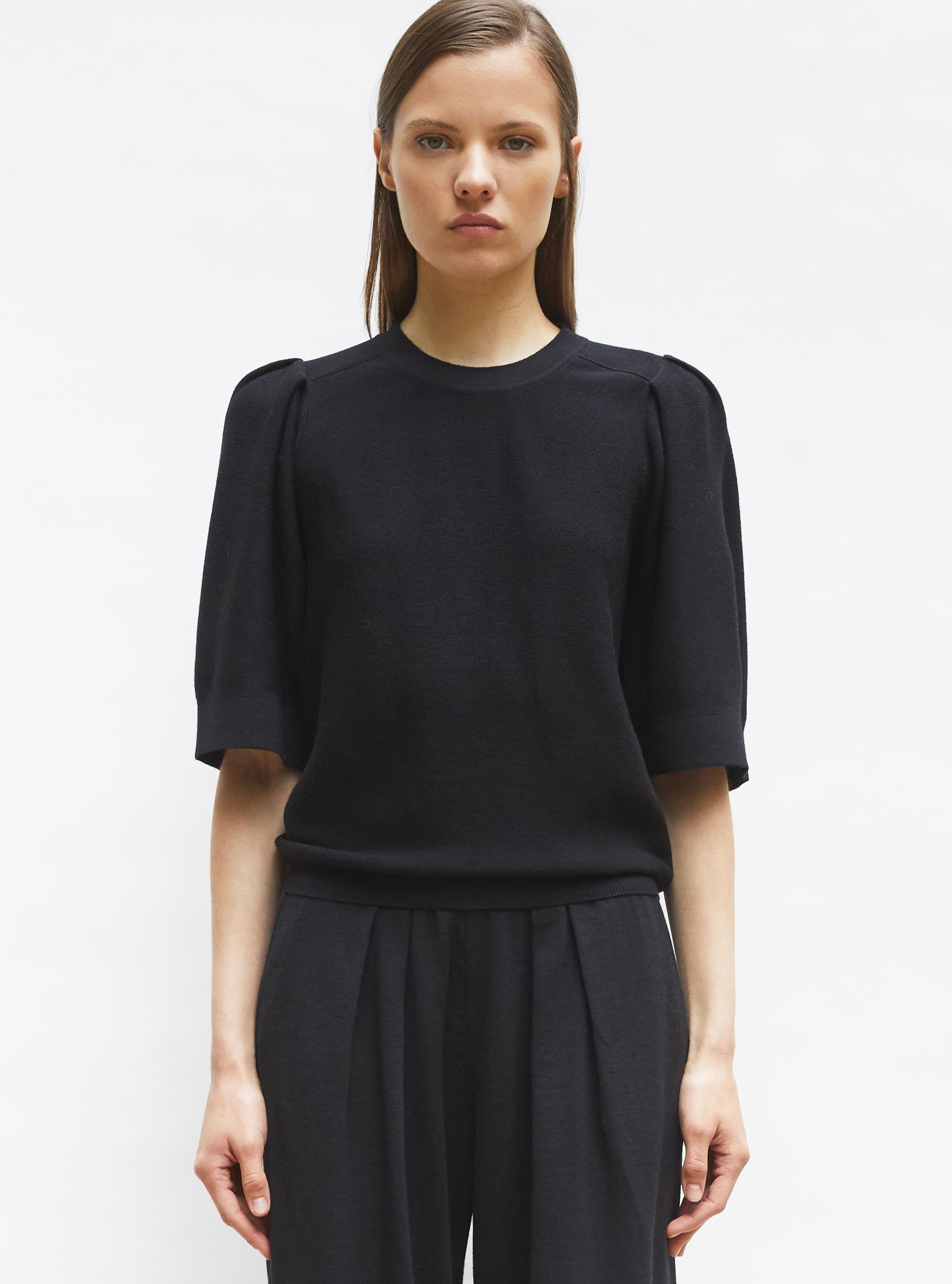 Tops, blouses de luxe femme - Top en maille manches froncées