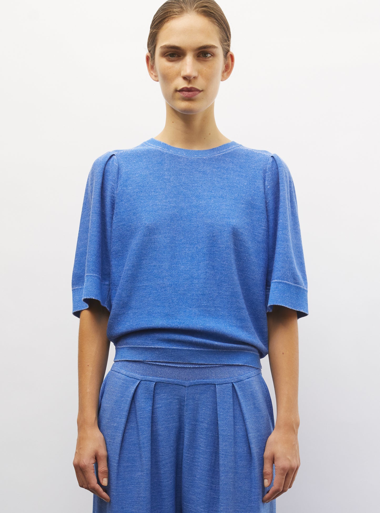 Top en maille manches froncées royal blue denim - Vêtement en maille de luxe Molli