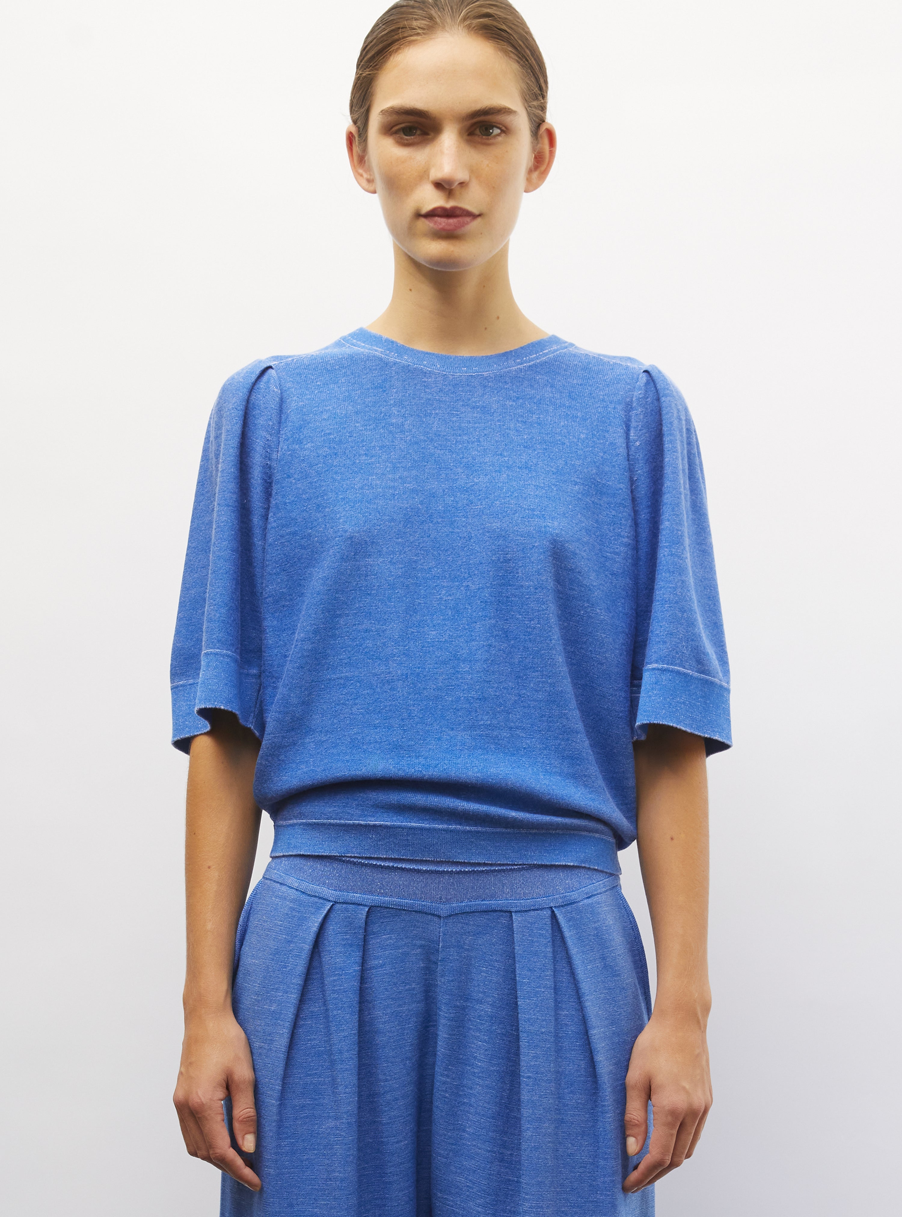 Top en maille manches froncées royal blue denim - Vêtement en maille de luxe Molli