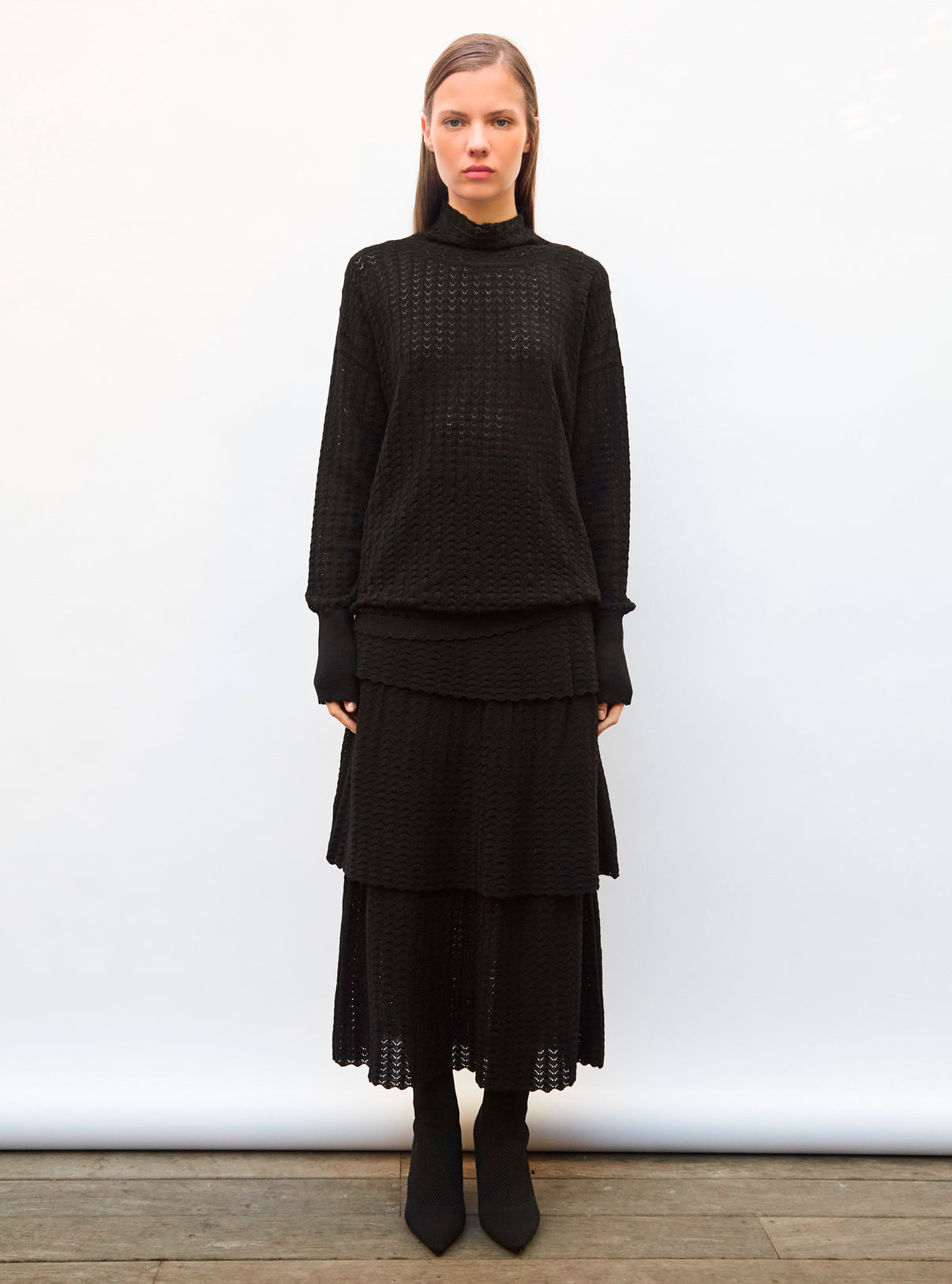 Top pointelle à col montant Noir Profond - Vêtement en maille de luxe Molli