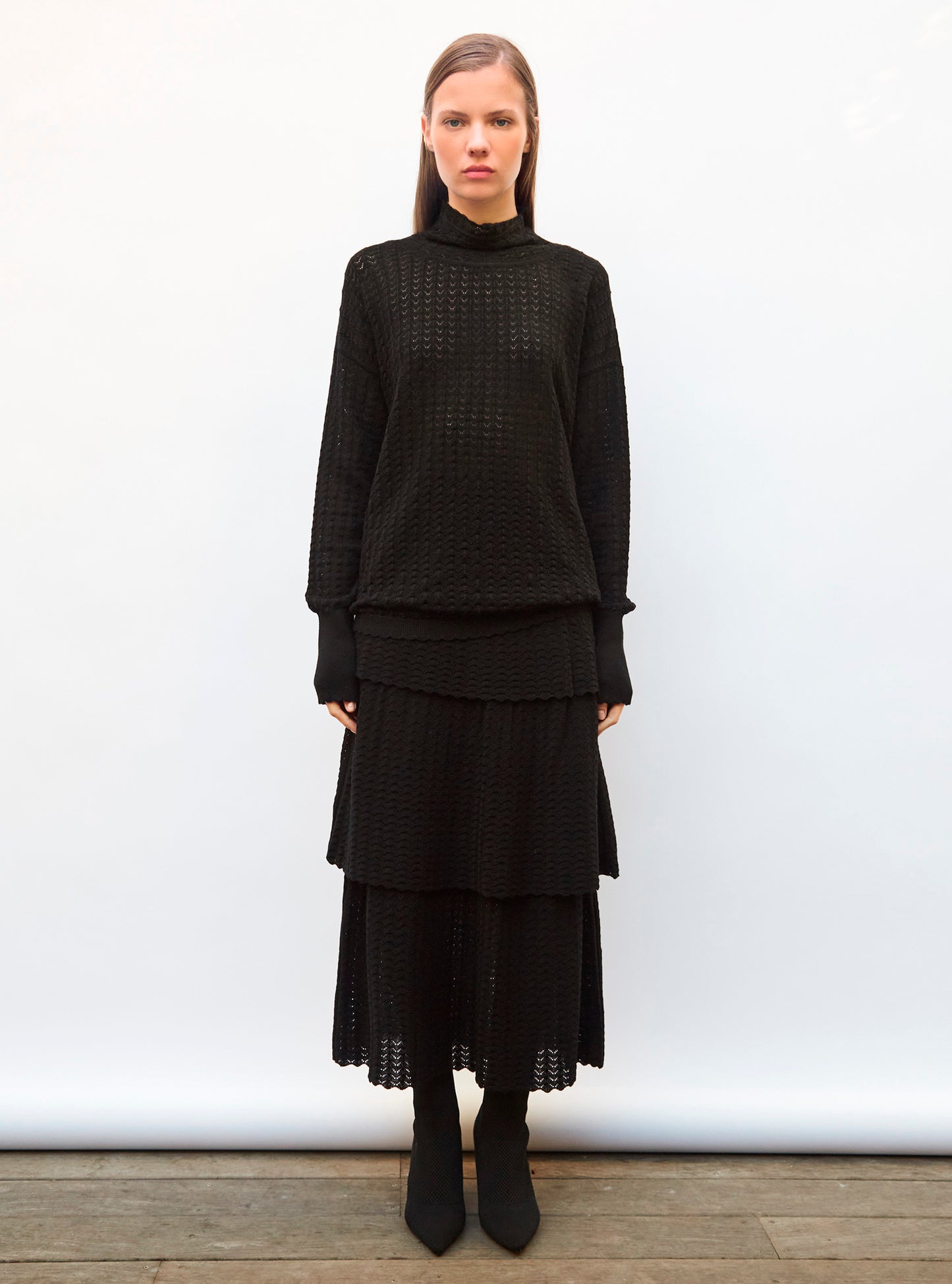 Top pointelle à col montant Noir Profond - Vêtement en maille de luxe Molli