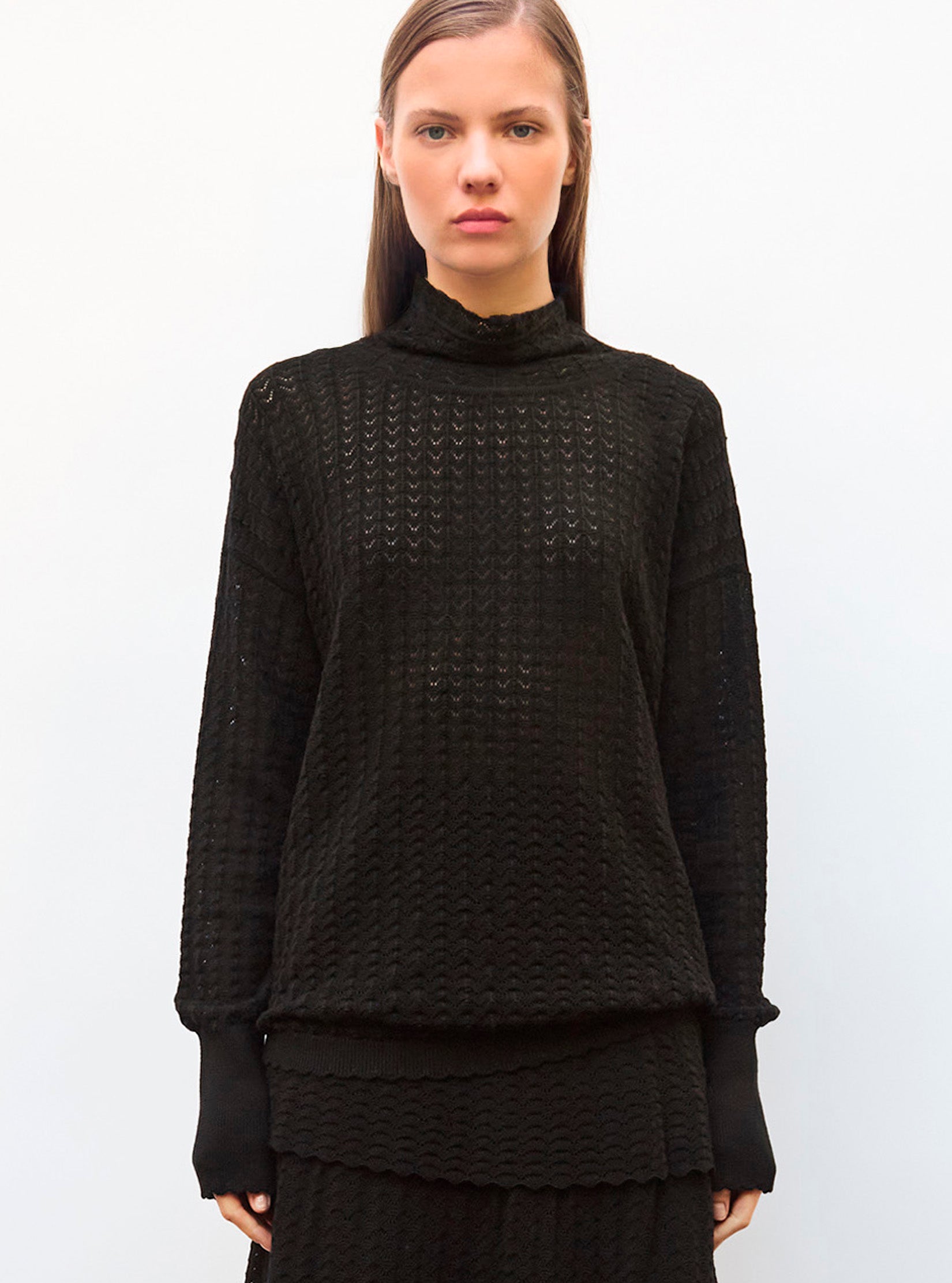 Top pointelle à col montant Noir Profond - Vêtement en maille de luxe Molli