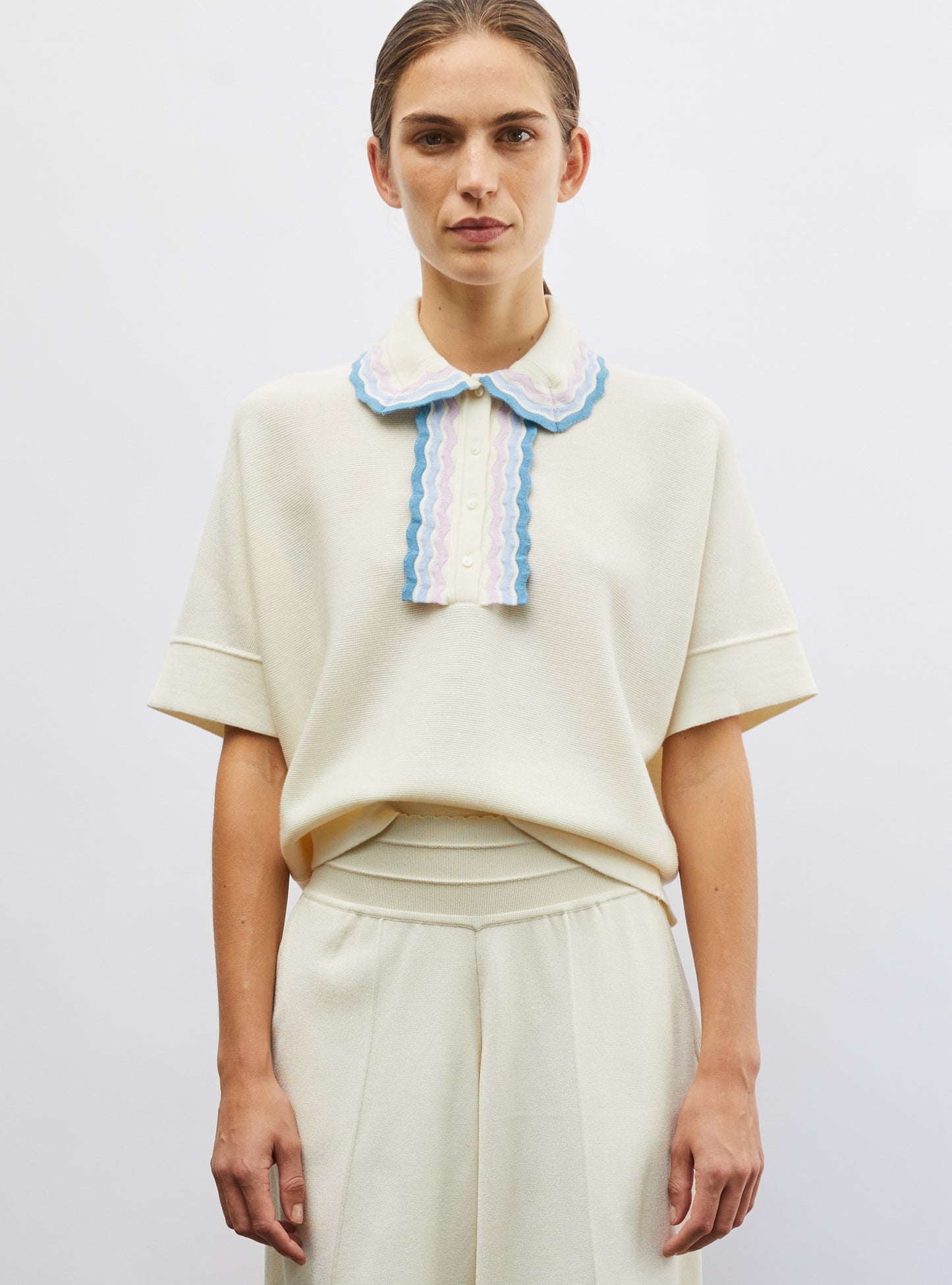 Top de luxe femme - Top ample maille col croquet naturel-multi denim