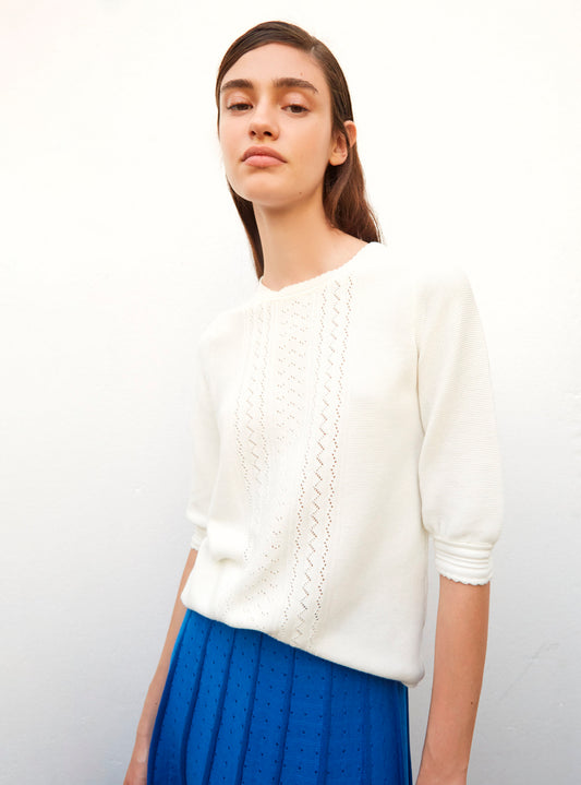 elbow-length sleeved, delicate pointelle knit blouse