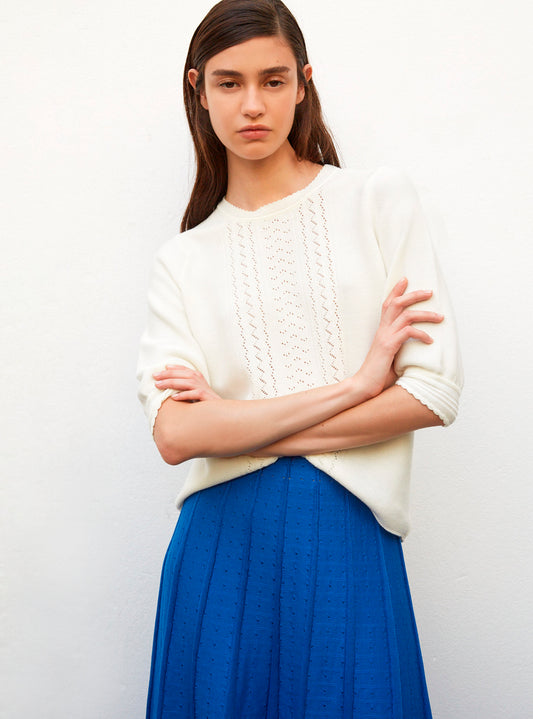 elbow-length sleeved, delicate pointelle knit blouse