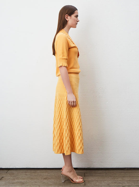 top with ruffled v-neckline and elbow-length sleeve
